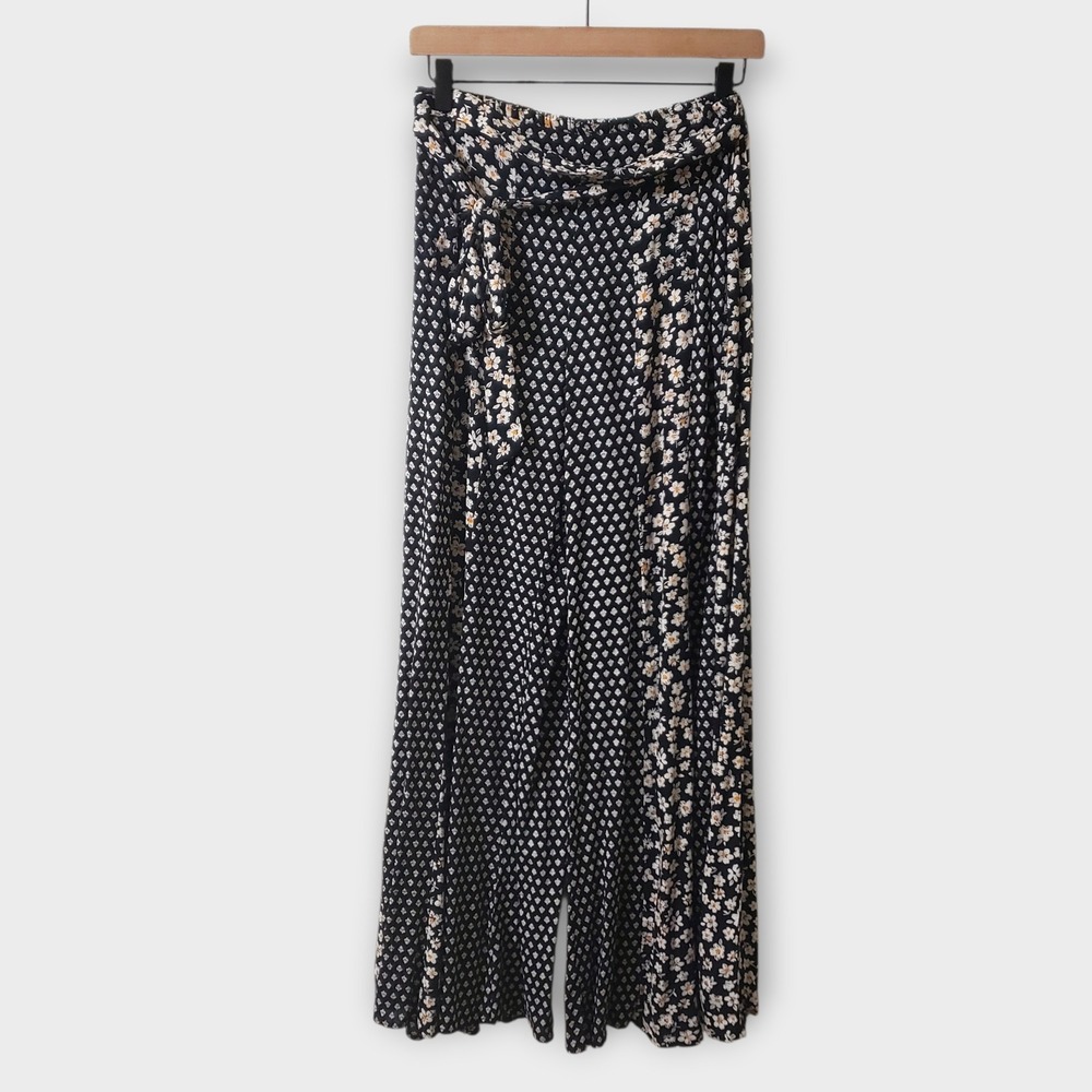 Angie Boho Palazzo Pants Black‎ Yellow White Floral Small High Rise Rayon